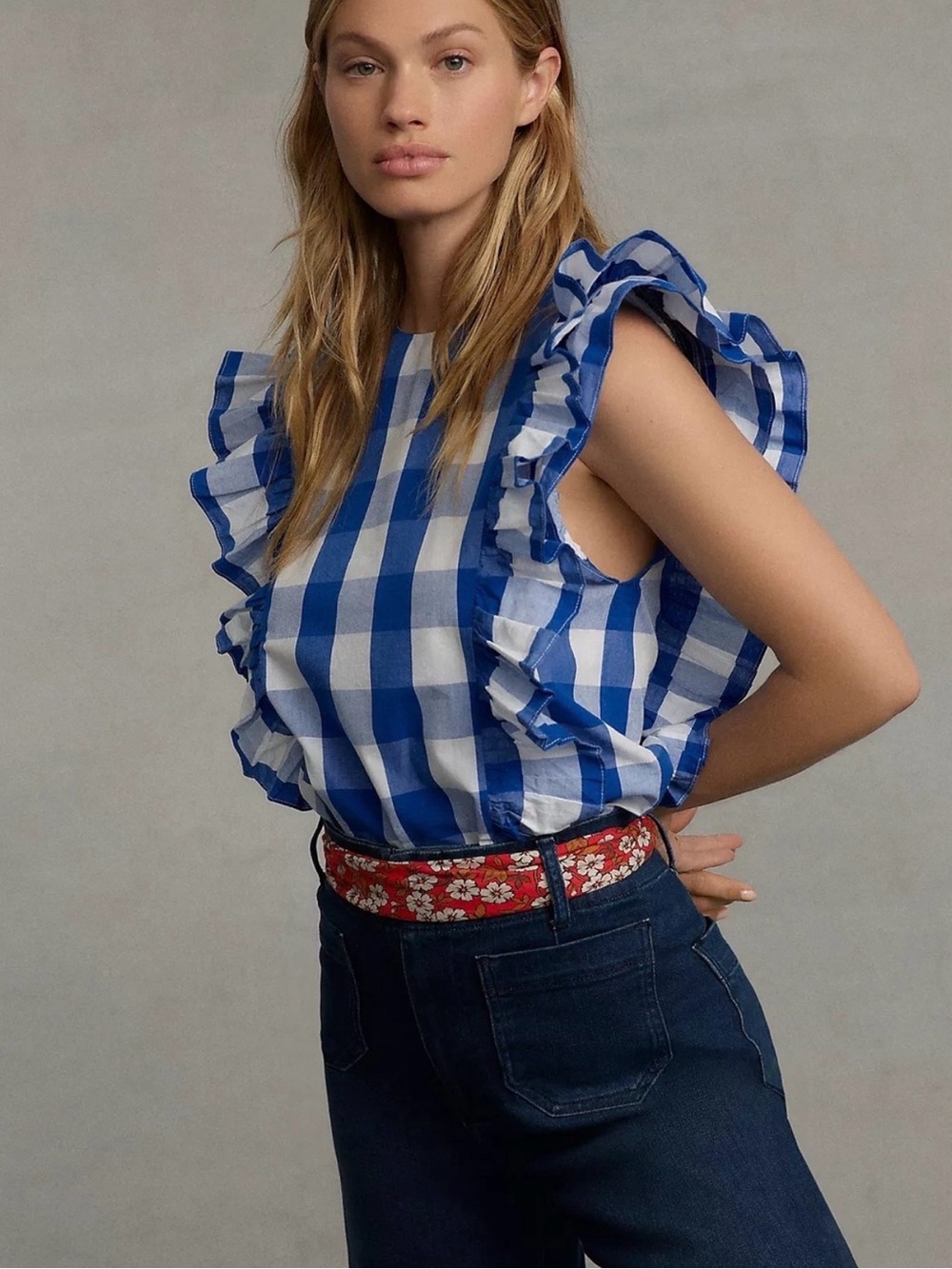 Anthropologie Whit Two Cascade Ruffled Blue White Check Blouse (Size M)